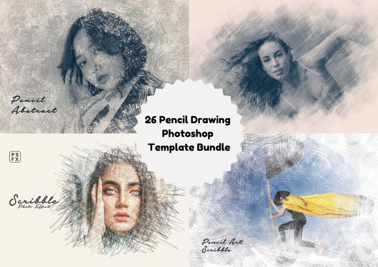 26 Pencil Drawing Photoshop Template Bundle